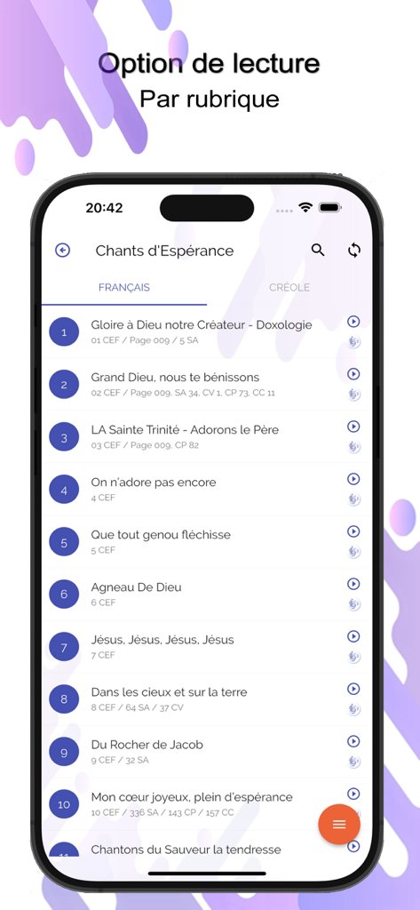 Chant d'Éspérance app displaying a numbered list of French religious hymns with play icons