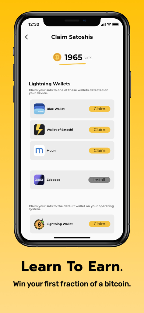 Simple Bitcoin: Learn & Earn - ライトニングウォレットに報酬を請求するためのSimple Bitcoinアプリ画面