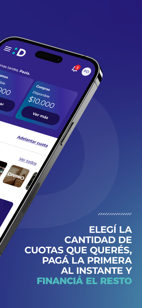 スマートフォンに表示されたPago Despuésアプリのインターフェース。利用可能なクレジット限度額と分割払いオプションが表示されています。