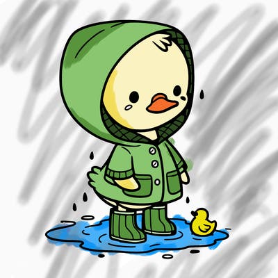 baby duck in a rain coat and boots, in a puddle while it’s raining