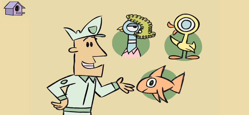 Don't Let Pigeon Run This App! - The Bus Driver character standing next to portraits of a pigeon, a duckling, and a fish in a Mo Willems illustrated scene