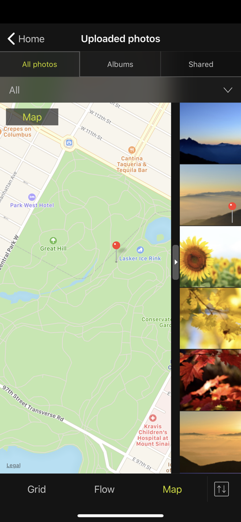 Vue carte dans l'application NIKON IMAGE SPACE montrant les emplacements des photos et une barre latérale des images téléchargées