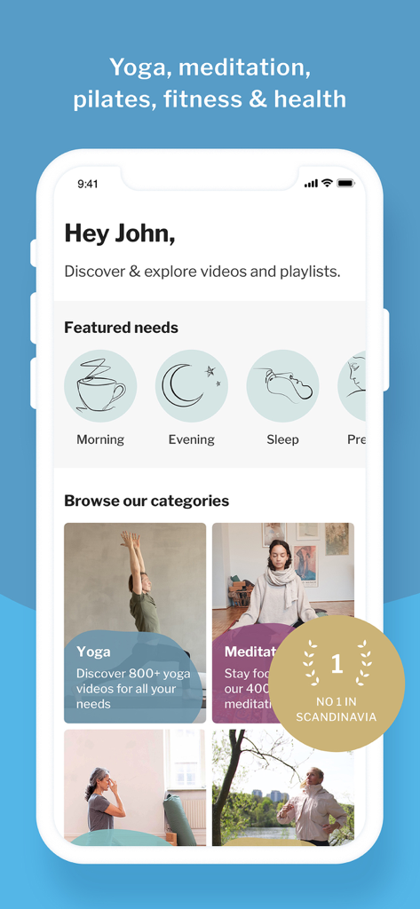 La pantalla de inicio de la aplicación Yogobe que muestra categorías de yoga y meditación y necesidades de bienestar personalizadas