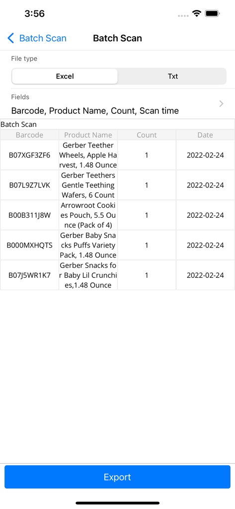 Power Barcode Scanner - Pantalla de escaneo por lotes de la aplicación Power Barcode Scanner que muestra una lista de productos escaneados y una opción de exportación a Excel