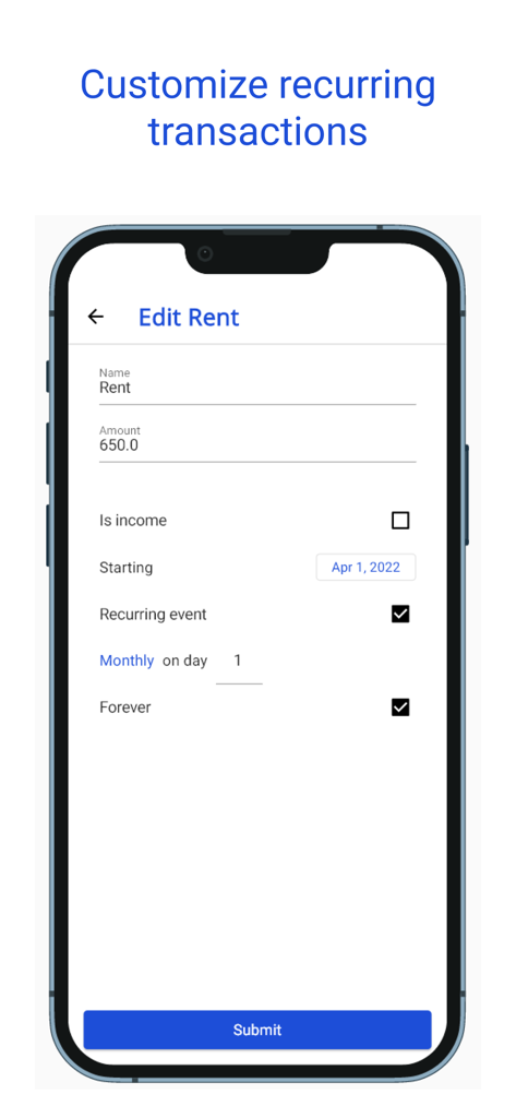 Financial Freedom Tool - Pantalla móvil para editar transacciones recurrentes en la aplicación Financial Freedom Tool