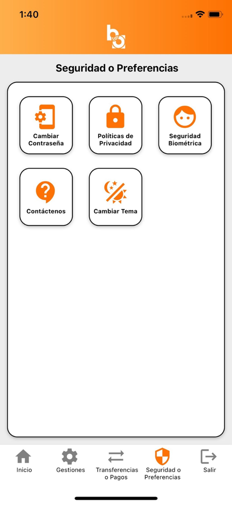 OCCIDENTE MÓVIL - Security and preferences menu in the Occidente Movil banking app