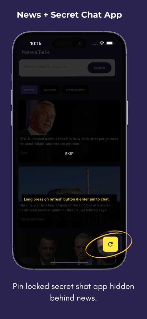 Secret Chat - DailyNewsTalk - Mobile app screen showing a news interface that functions as a hidden portal for secret private messaging