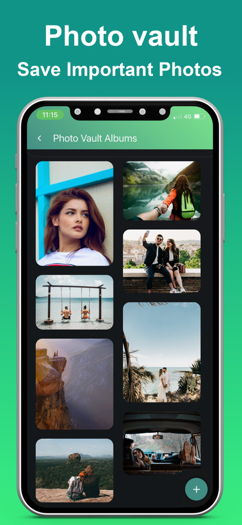 Web scan 2024 - Interface of the Web scan 2024 app showing the Photo Vault feature with a gallery of private stored photos on an iPhone