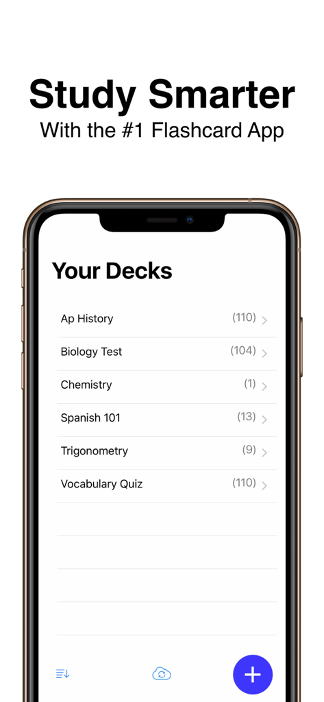 Flash Cards Flashcards Maker - Aplicativo Flash Cards Flashcards Maker exibindo uma lista de decks de estudo personalizados para várias matérias.