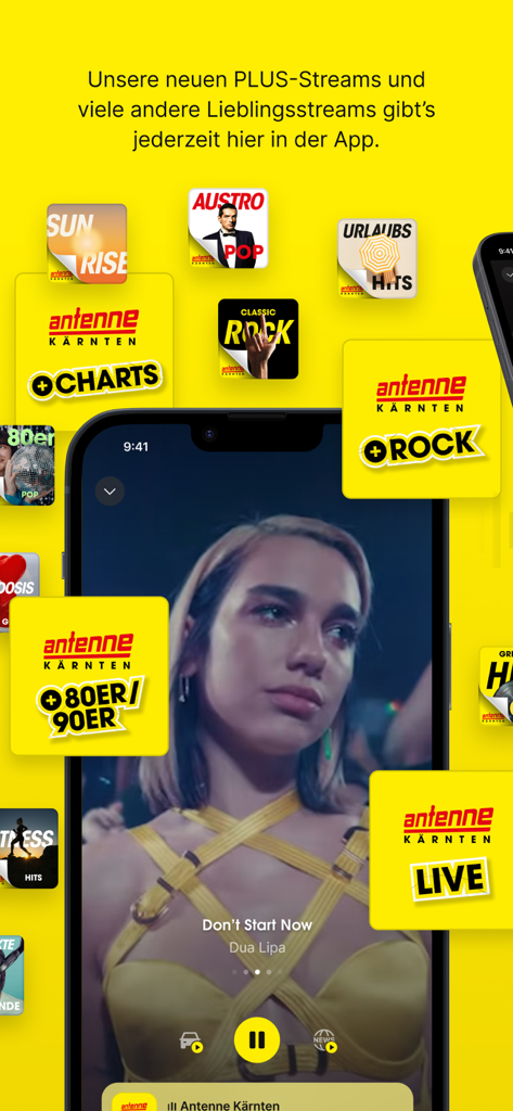Antenne Kärnten mobile App-Oberfläche mit verschiedenen Musik-Streams und dem Live-Player auf gelbem Hintergrund