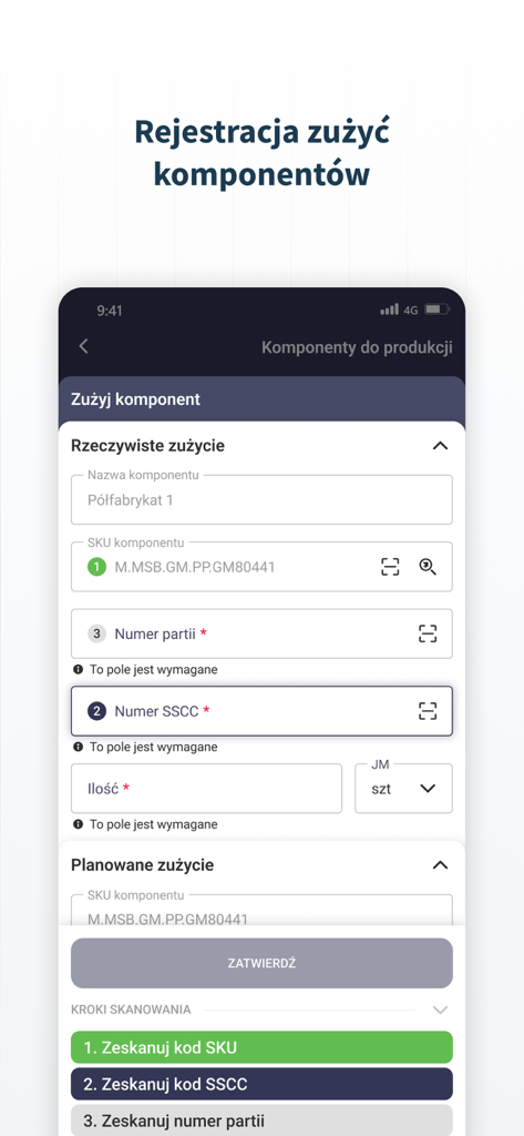 Mobile application interface for industrial operators to register manufacturing component usage using QR code scanning for SKU and batch numbers