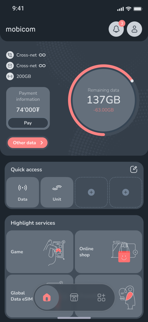 Mobicom app home screen showing remaining data and bill payment information