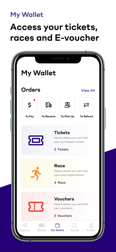 Eventpop - Eventpop app interface showing the My Wallet screen with options to manage tickets, race registrations, and vouchers.