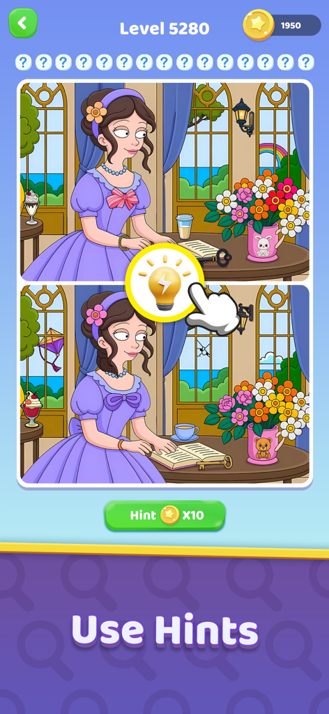 Pantalla de juego del rompecabezas "Encuentra las Diferencias" mostrando cómo usar la función de pista con un ícono de bombilla.