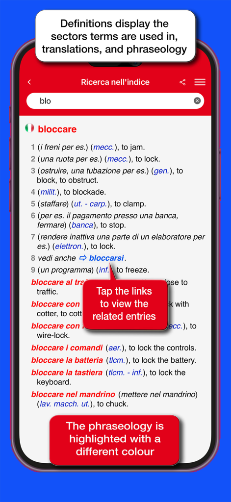 Marolli Technical Dictionary - A screenshot of the Marolli Technical Dictionary app showing technical definitions and phraseology for the word bloccare