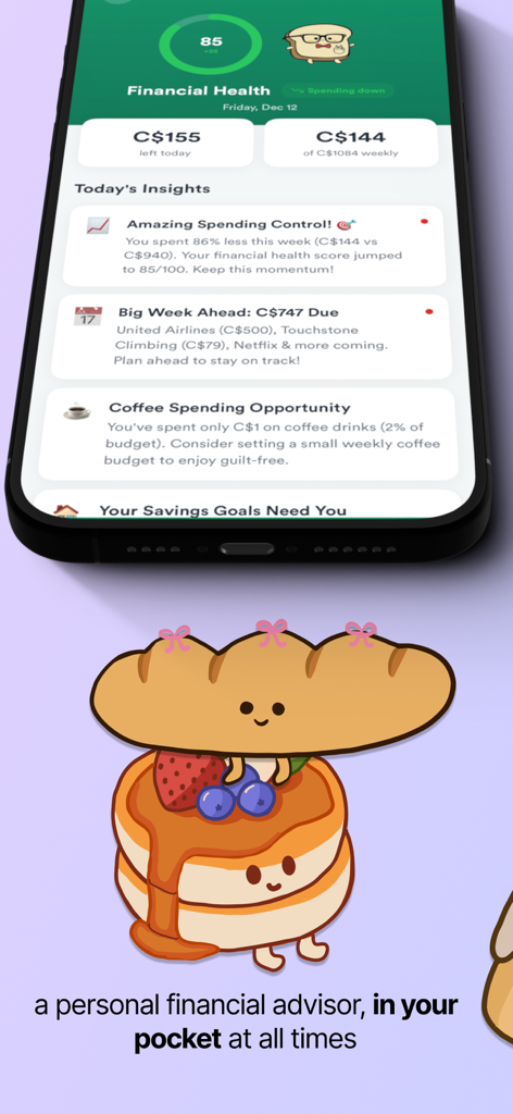 Interfaz de la aplicación de rastreo de presupuesto Pan que muestra la puntuación de salud financiera y las ideas de gastos con lindos personajes de dibujos animados