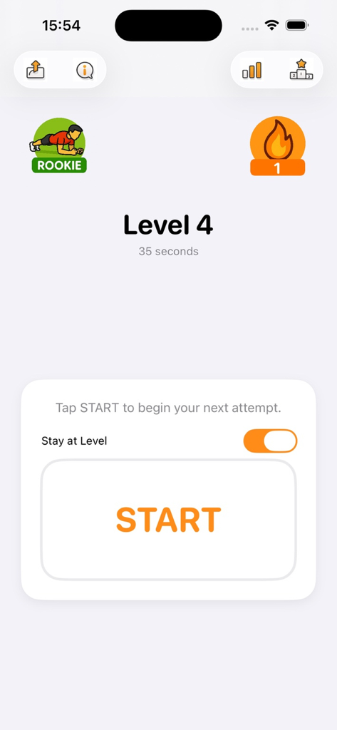 Plank Trainer - Plank Trainer app start screen showing level 4 and 35 seconds timer goal