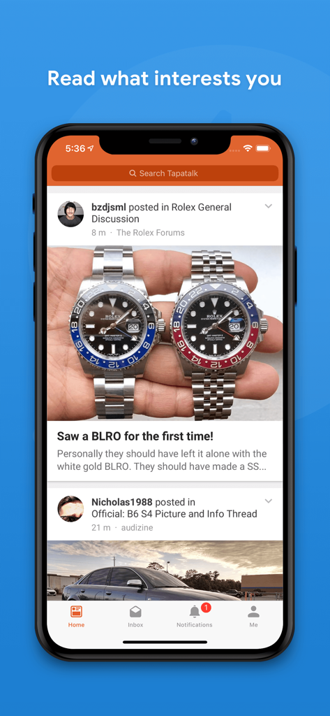 Tapatalk - 200,000+ Forums - Pantalla de inicio de la aplicación Tapatalk mostrando un feed de publicaciones de foros sobre relojes Rolex y coches Audi.