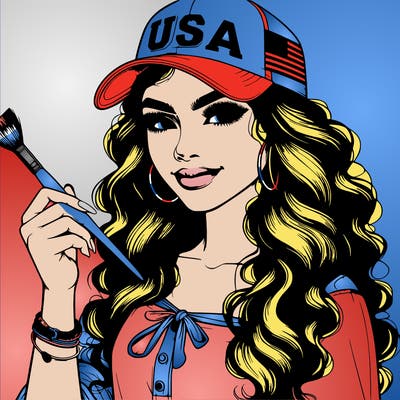realistic beautiful girl wearing a usa hat holding a paint brush