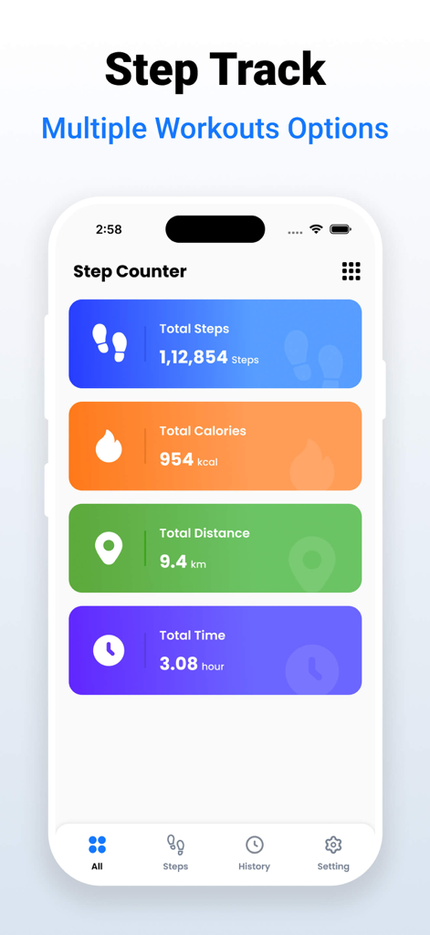 Pedometer – Step Counter - Pedometer app dashboard showing total steps calories distance and walking time
