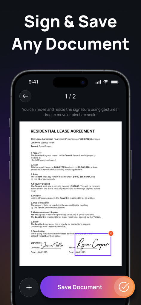 Sign AI - Signature Maker App - iPhone app interface for signing and saving a residential lease agreement with a digital signature