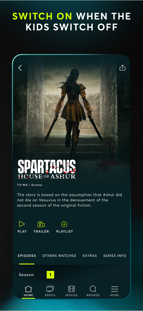 STARZ 앱 인터페이스에 Spartacus House of Ashur 시리즈와 성인 콘텐츠 문구가 표시됩니다.