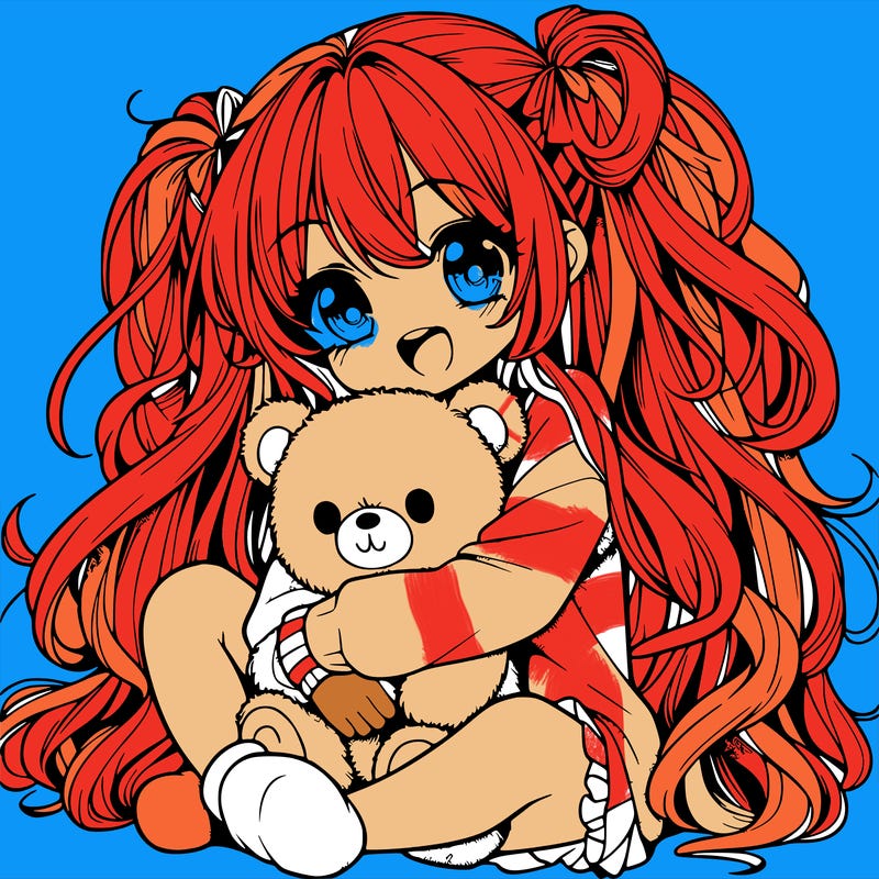 manga girl, long curly hair, happy, cuddling a teddy bear