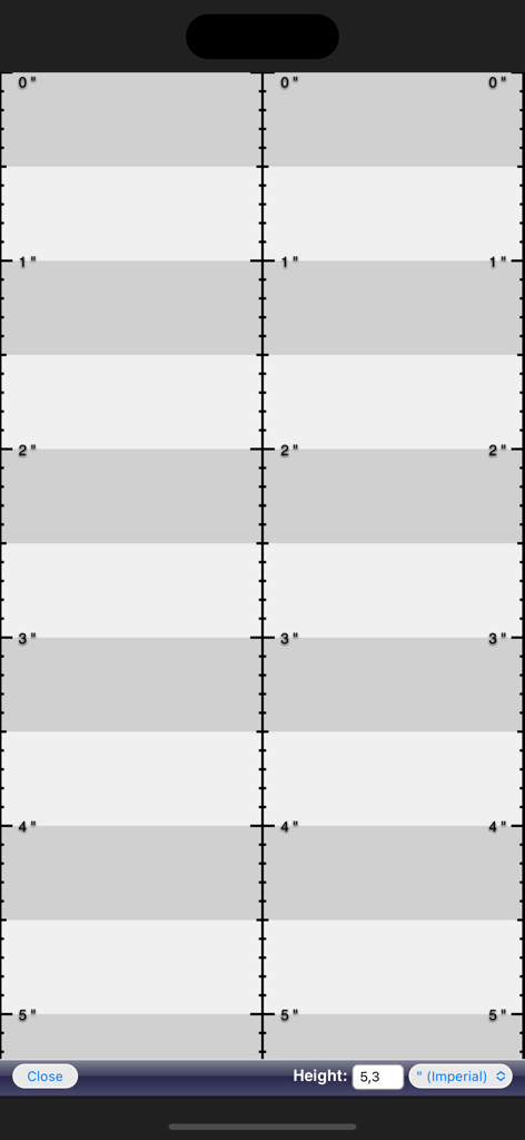 Ruler App - Interfaz de regla digital en iPhone mostrando mediciones en pulgadas