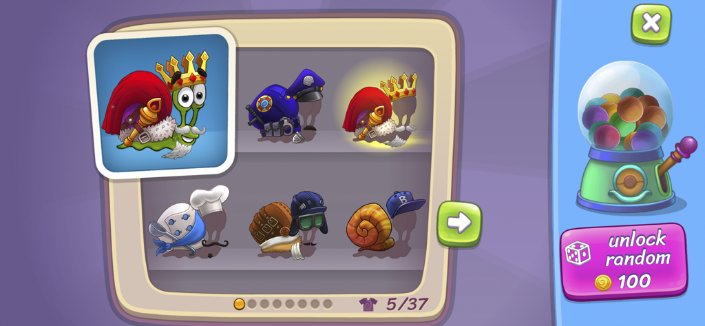Snail Bob 3 Anpassungsmenü mit sammelbaren Charakter-Outfits und einer zufälligen Gashapon-Maschine zum Freischalten