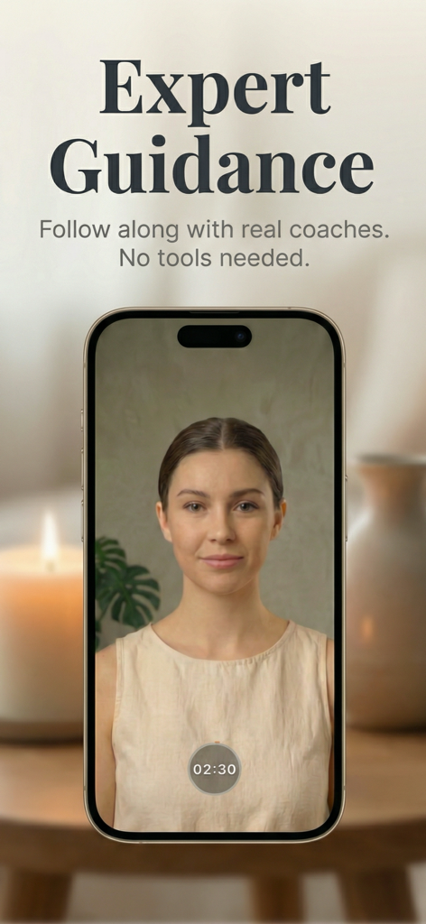 Luma: Face Yoga Exercises - Luma app screen featuring expert guidance with a video coach for face yoga exercises.