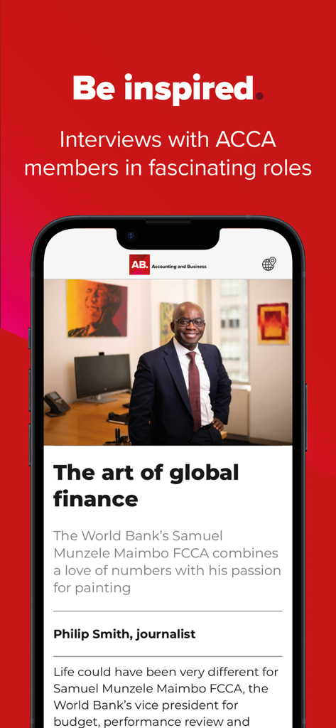 ACCA AB magazine - iPhone screen displaying the Be Inspired section of the ACCA AB magazine app featuring an interview with a World Bank finance professional