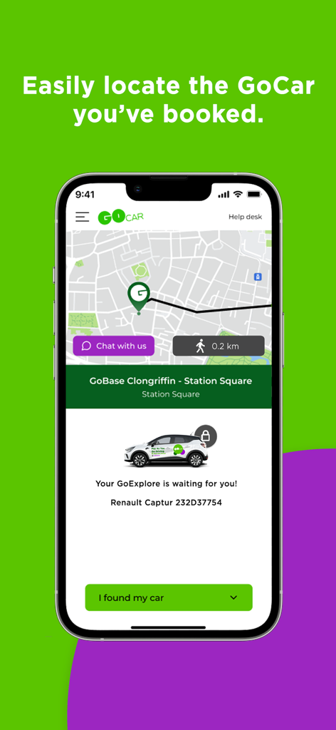 GoCar app screen showing a map with the location of a booked Renault Captur at Clongriffin Station Square