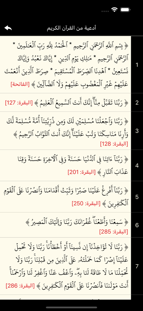 A list of Quranic supplications in Arabic script within the Holy Quran offline app.