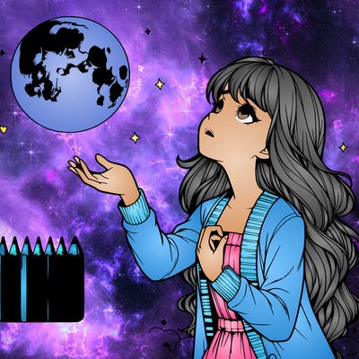 realistic girl looking up at the moon reaching her hand out