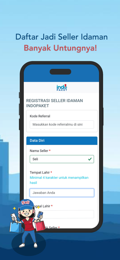 Indopaket mobile app screen showing the seller registration form for new users