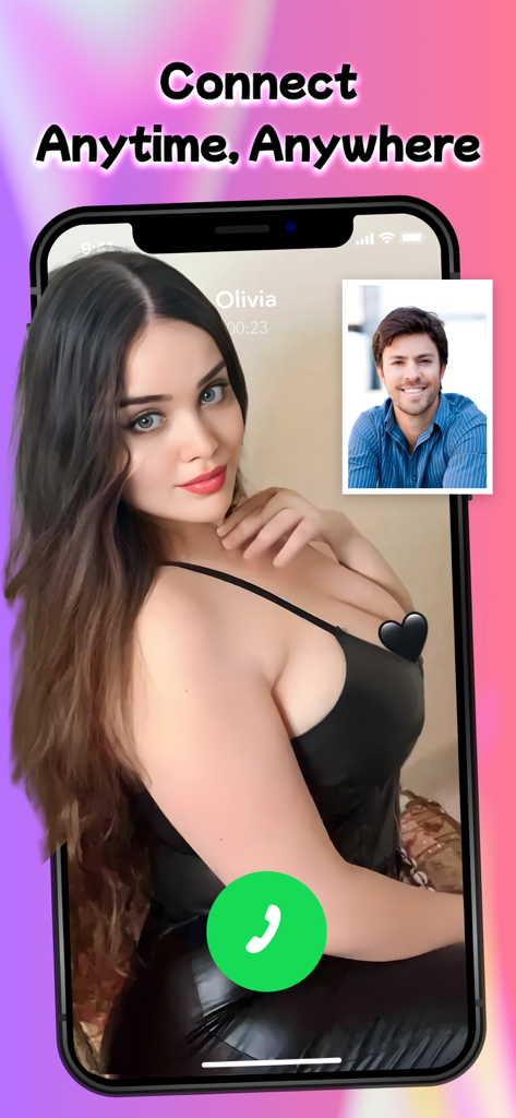 Interfaz de chat de video de la aplicación Rave mostrando una videollamada en vivo entre dos usuarios con el titular Conecta en Cualquier Momento y Lugar