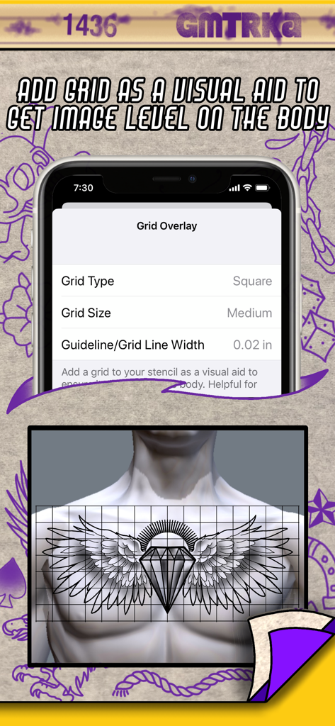 Ajustes de superposición de cuadrícula en la aplicación Tattoo Print System que muestran una vista previa de un diseño de tatuaje alineado en un pecho humano.
