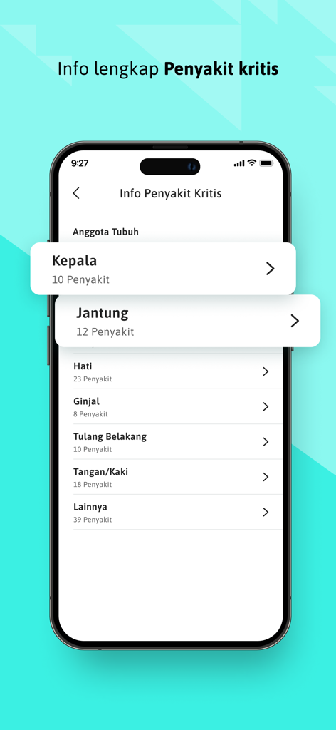 Sequis App - Sequis App interface displaying a list of critical illness categories organized by body parts