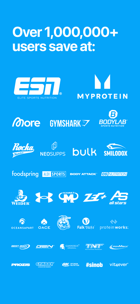 DROPTIME - the Supplement App - A collection of logos from popular fitness and supplement brands like ESN MyProtein and Gymshark where users save money