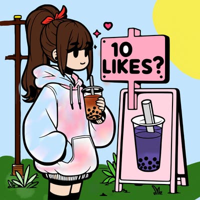 girl with oversized hoodie drinking boba and she has a high ponytail with a sign that says 10likes?