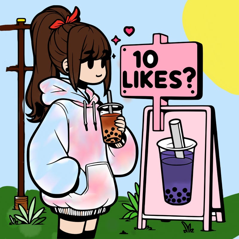 girl with oversized hoodie drinking boba and she has a high ponytail with a sign that says 10likes?