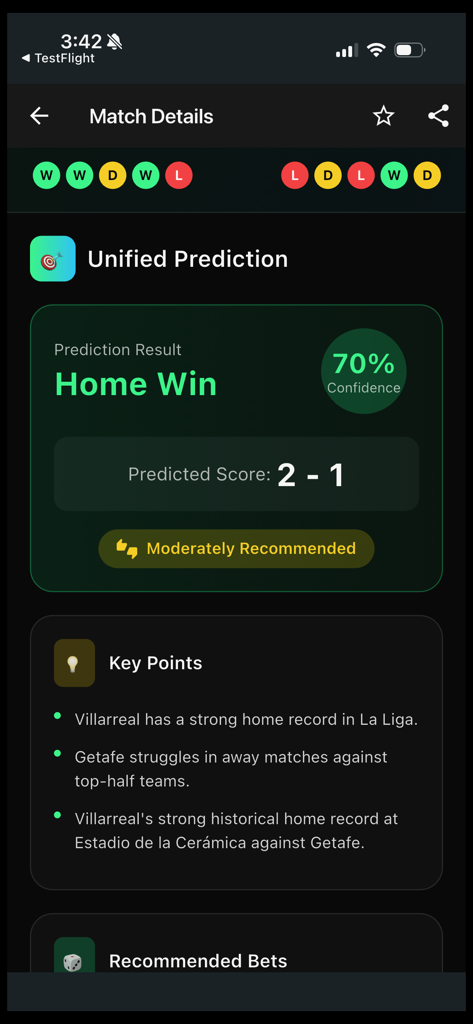 BetScore - AI Sports Analytics - BetScore app interface showing AI match prediction for a soccer game with 70 percent confidence and key statistical points