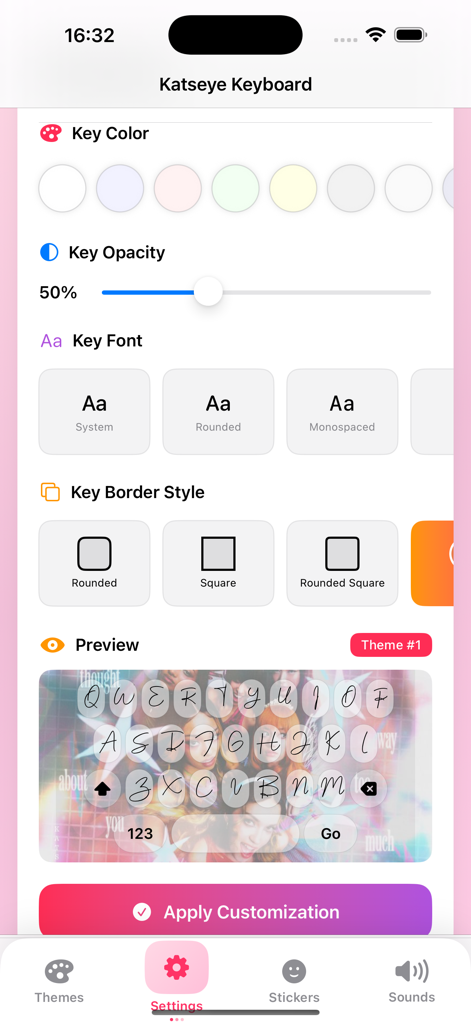 Katseye Kpop keyboard- Sticker - Customization settings screen for the Katseye Kpop keyboard featuring options for key color, font, and border style with a keyboard preview.