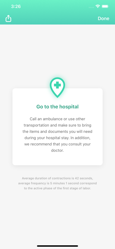 Mobile app screen displaying a notification to go to the hospital with labor stage analysis.