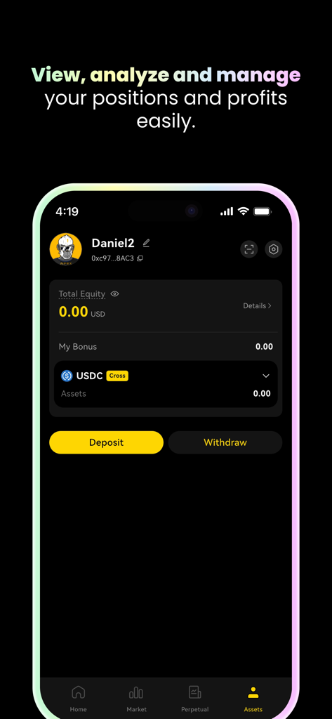 ApeX Protocol mobile app dashboard showing user assets, total equity, and deposit and withdraw buttons.