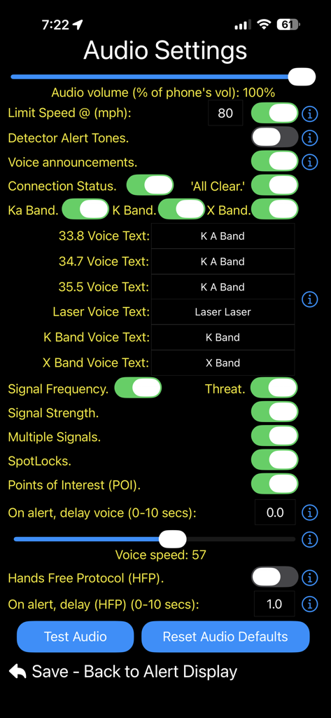 A comprehensive audio settings screen in the R4 Companion app showing various voice announcement toggles and frequency alert customization options.