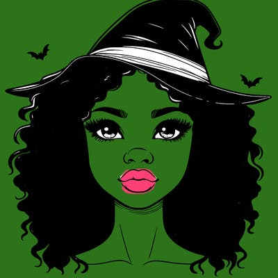 realistic black girl with wavy hair and witch hat and nose and lips