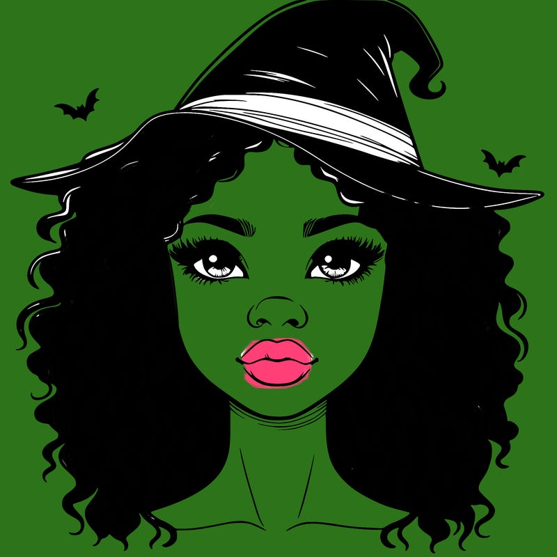 realistic black girl with wavy hair and witch hat and nose and lips