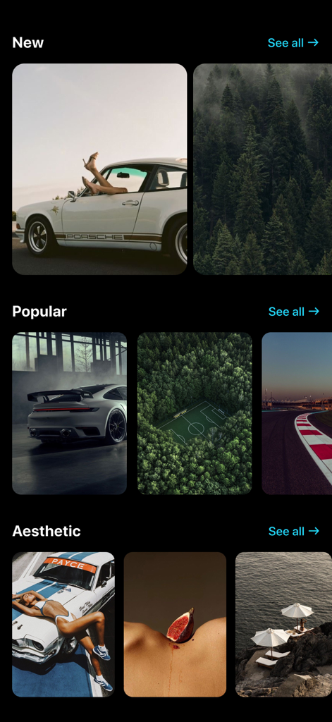 Cool Aesthetic Wallpapers 4K - 人気や美的などのキュレーションされた壁紙カテゴリを示すクールな美的壁紙4Kアプリのユーザーインターフェイス。