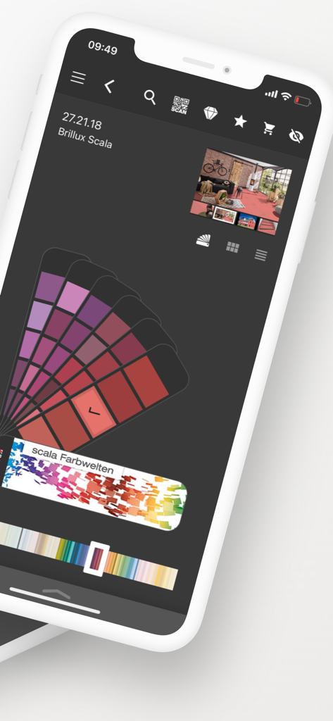 전문 화가를 위한 디지털 색상 팬 및 방 시각화 도구를 표시하는 Brillux 앱 이미지